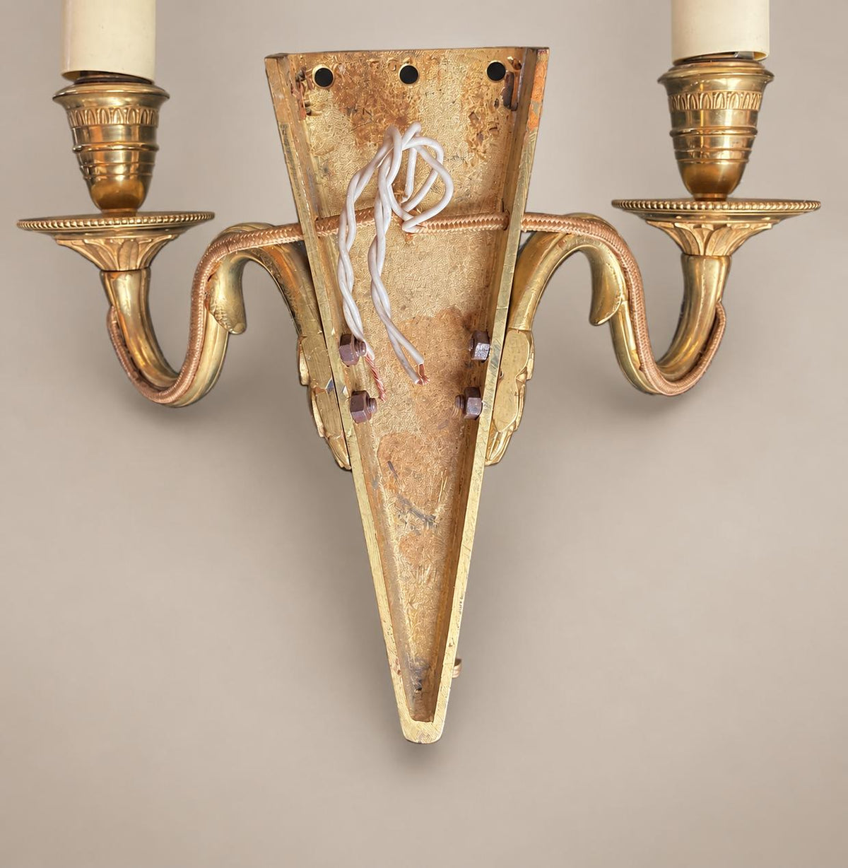 Pair of Gilt Metal Two-Arm Wall Sconces, Etched Glass Cornucopia Vase, Louis XVI Style