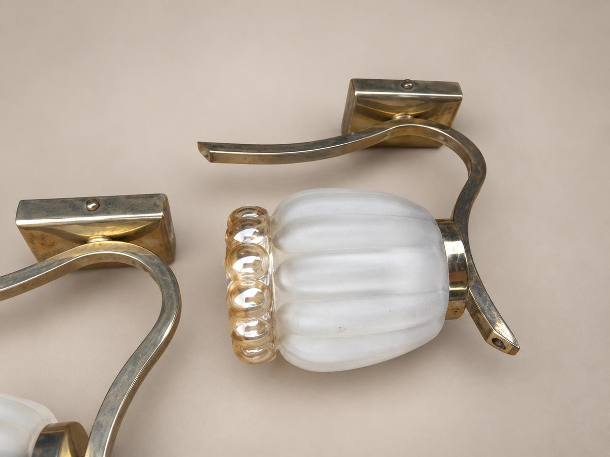 Pair of Gilt Metal Wall Lamps, Scrolled Arm, Frosted Ribbed Glass Shades