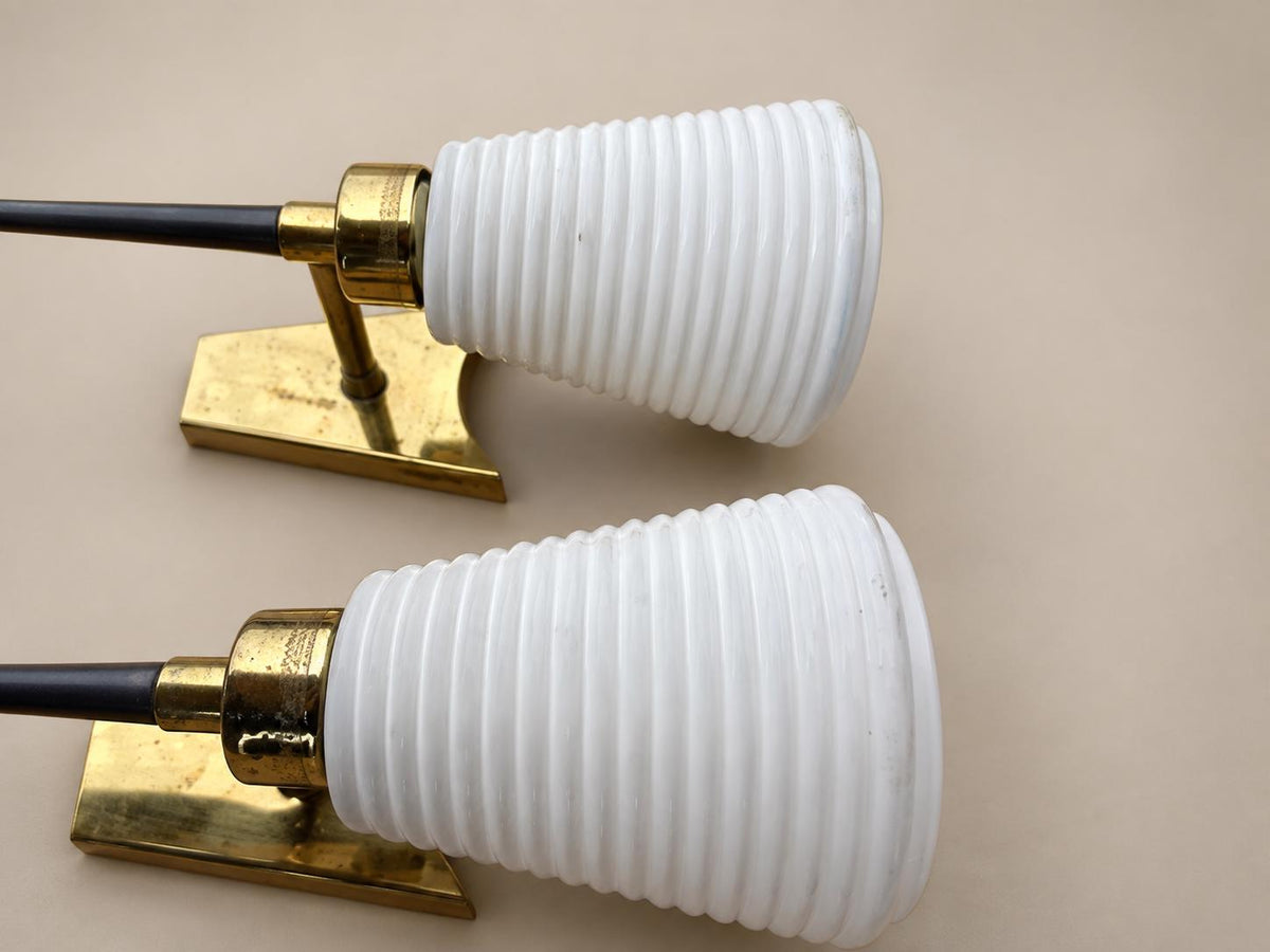 Pair of Gilt Brass Wall Lamps, Conical Ribbed Glass Shades, French Design