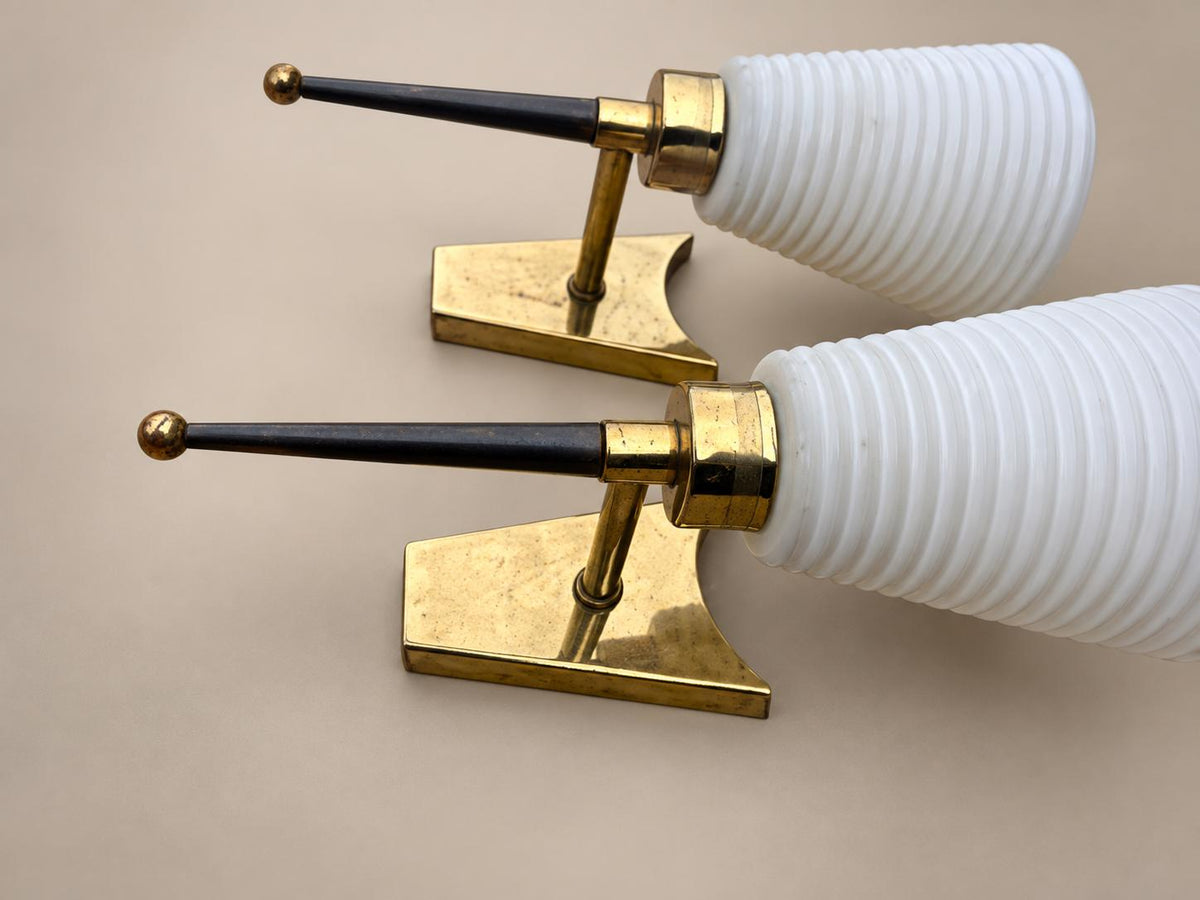 Pair of Gilt Brass Wall Lamps, Conical Ribbed Glass Shades, French Design