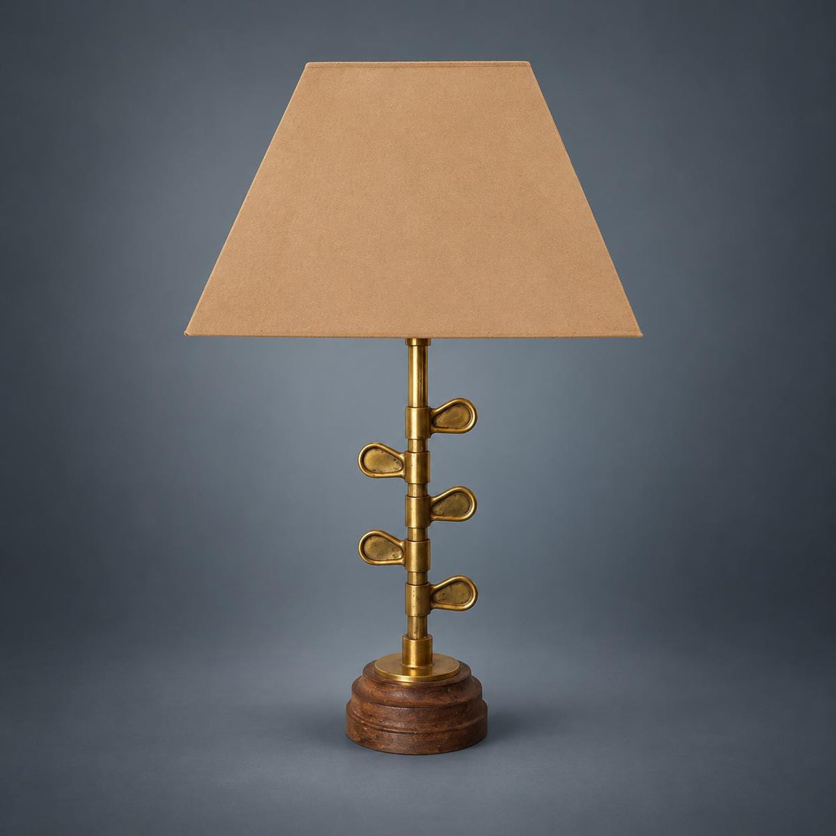 Sculptural Brass Table Lamp with Walnut Wood Base, Circa 1950 — European