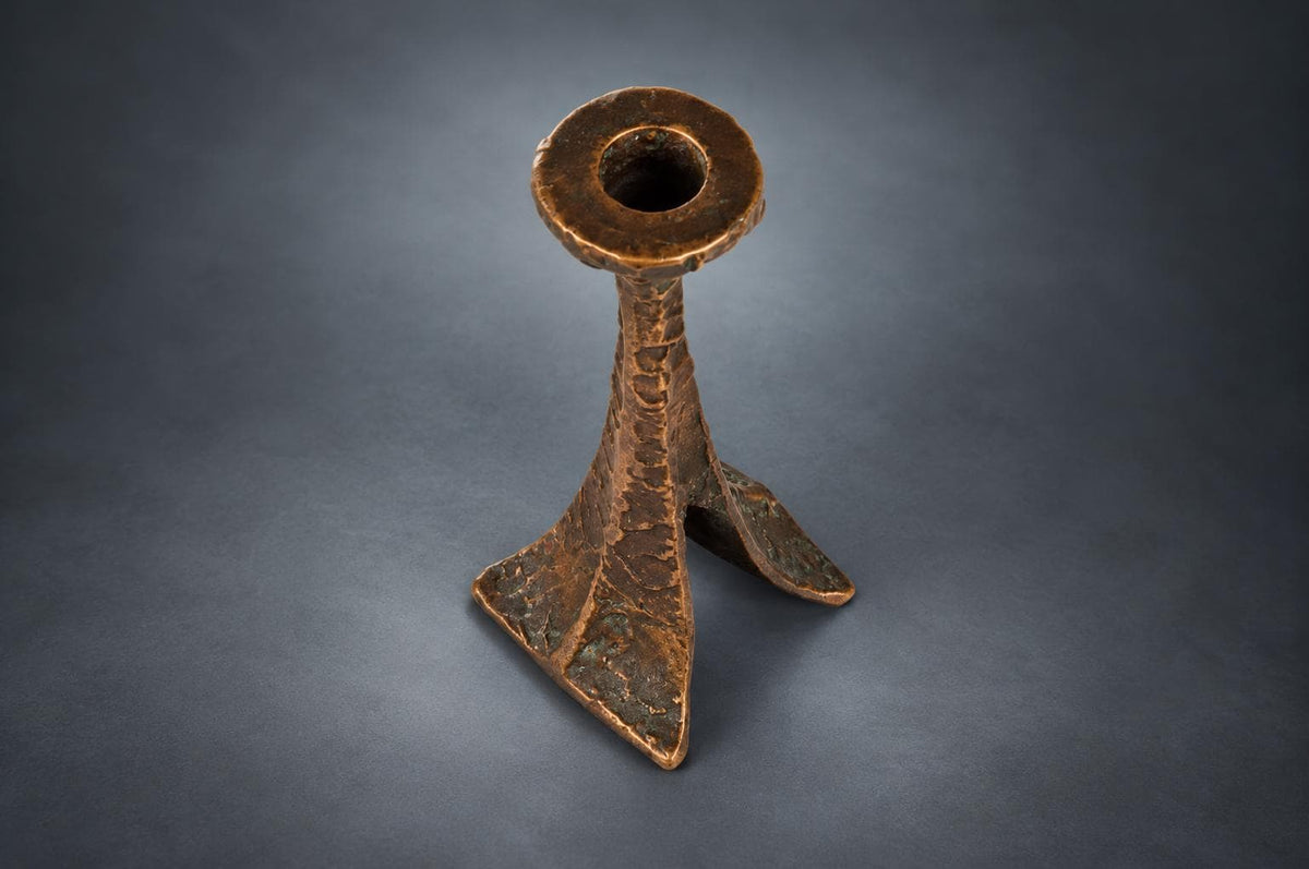 Brutalist Cast Metal Candlestick, Patinated and Gilt Finish
