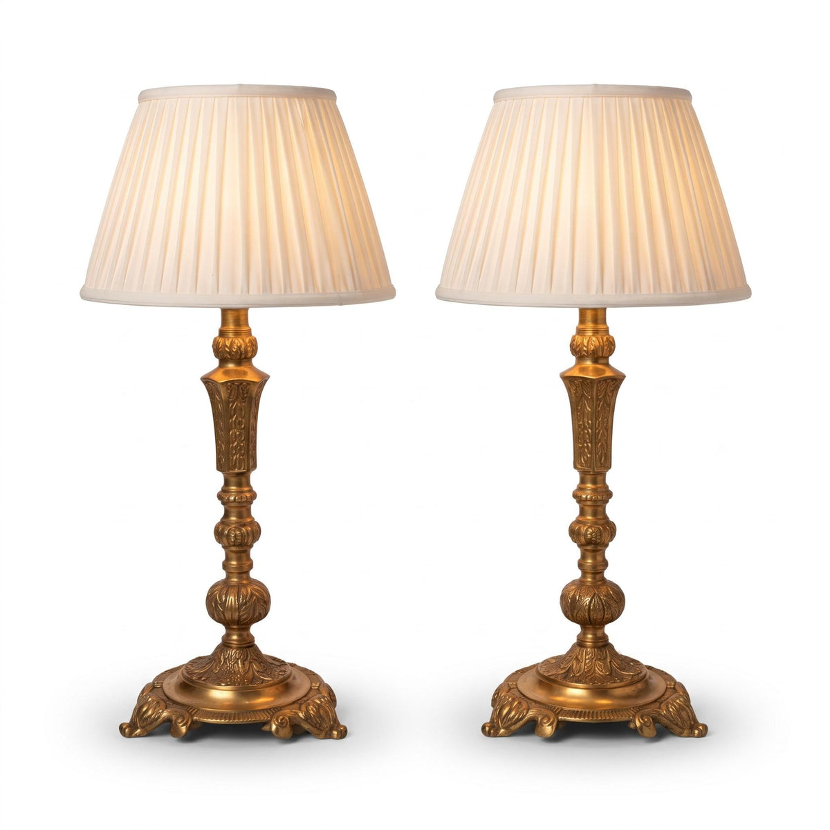 Pair of Ornate Brass Lamp Bases, Rococo-Style Candlestick Form, Decorative Feet, 27 cm