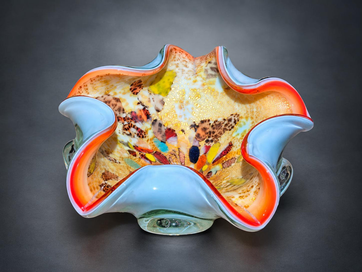Hand-Blown Opal Art Glass Bowl with Gold Inclusions, Ruffled Rim, Murano Style