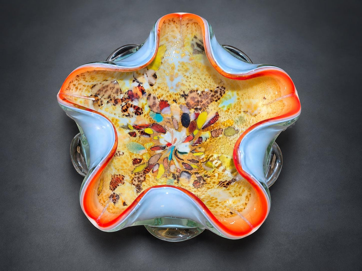 Hand-Blown Opal Art Glass Bowl with Gold Inclusions, Ruffled Rim, Murano Style