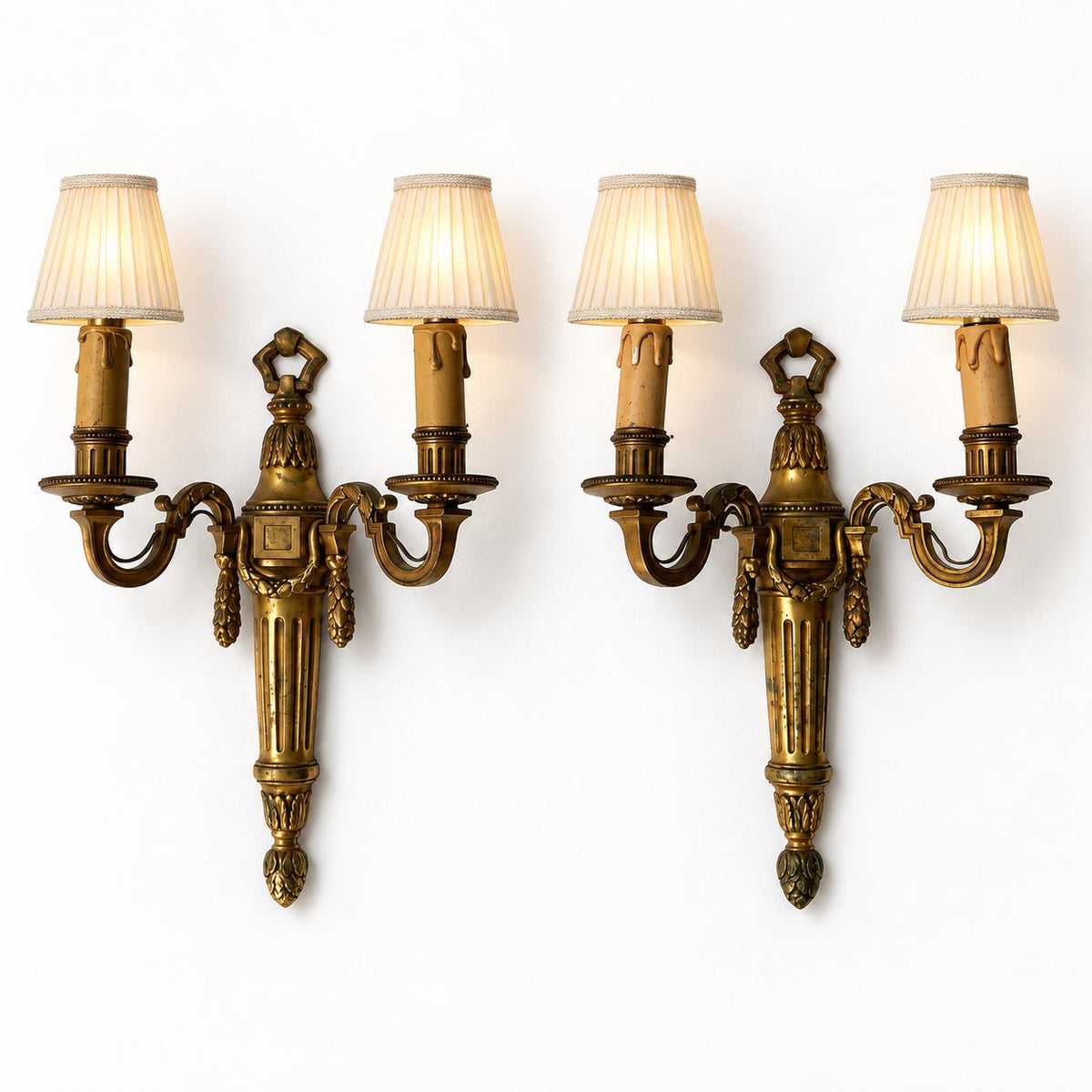 Pair of French Neoclassical Style Patinated Metal Two-Light Wall Sconces Mid 20th Century