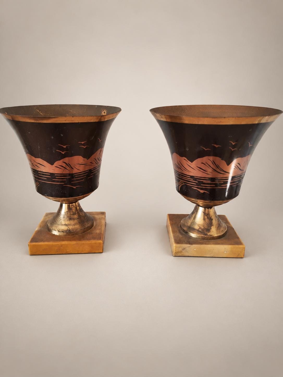 Pair of Belgian Art Deco Brass Vases, Signed A. Ducobu, Marine Scene on Onyx Bases — Belgium, circa 1930
