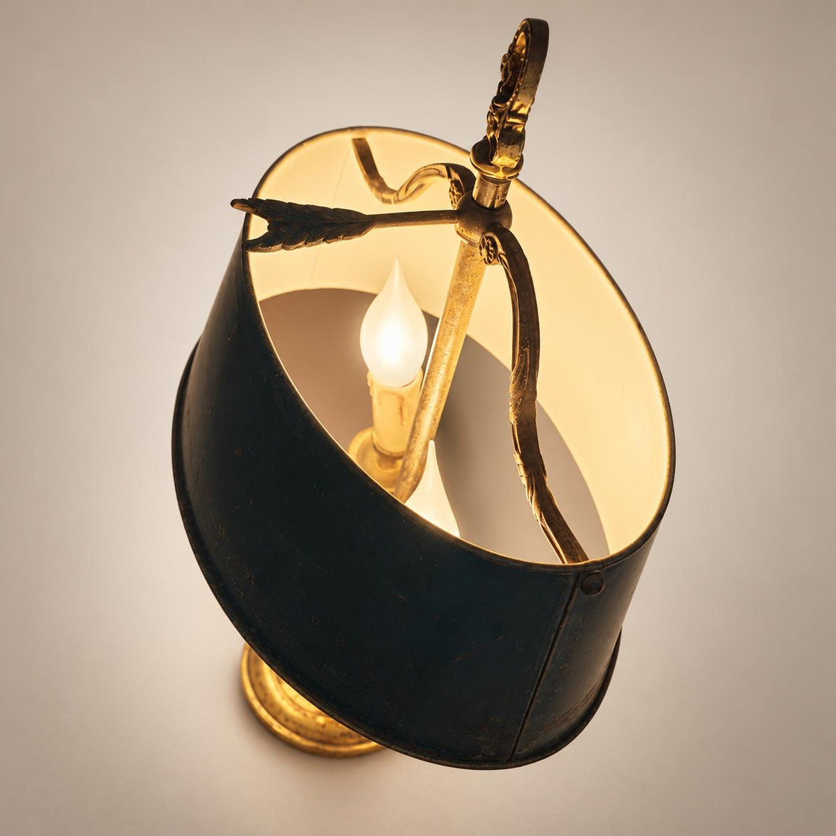 Vintage French Bouillotte Lamp, Signed Collange France, Brass with Blue Tole Shade — France, 20th Century