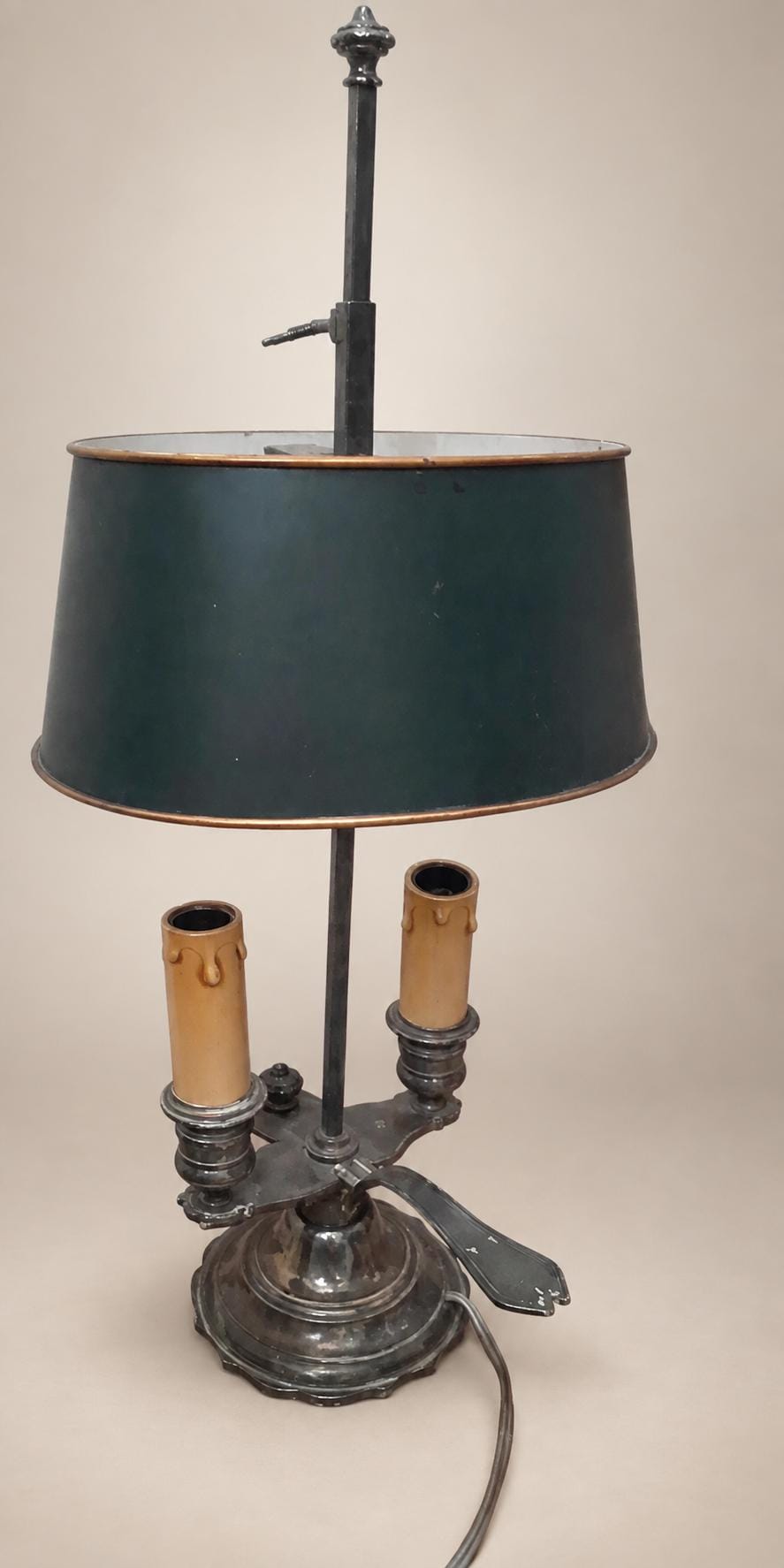 Antique French Bouillotte Lamp, Signed HM, Silvered Bronze with Green Tole Shade — France, 20th Century
