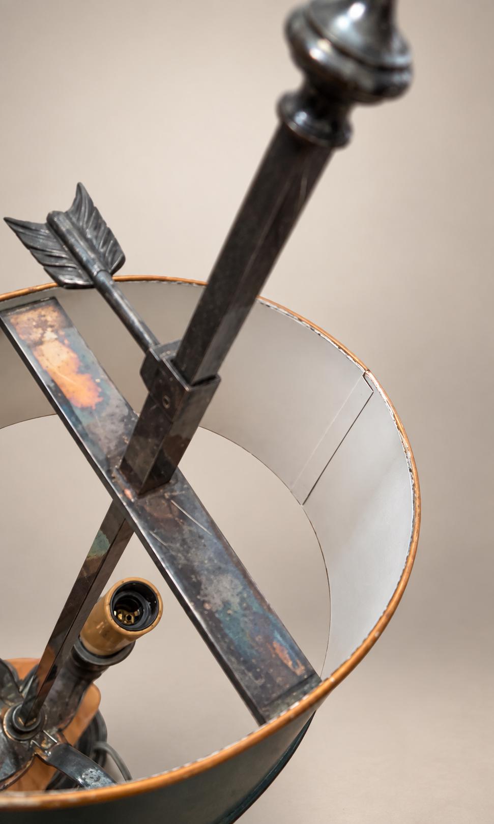 Antique French Bouillotte Lamp, Signed HM, Silvered Bronze with Green Tole Shade — France, 20th Century