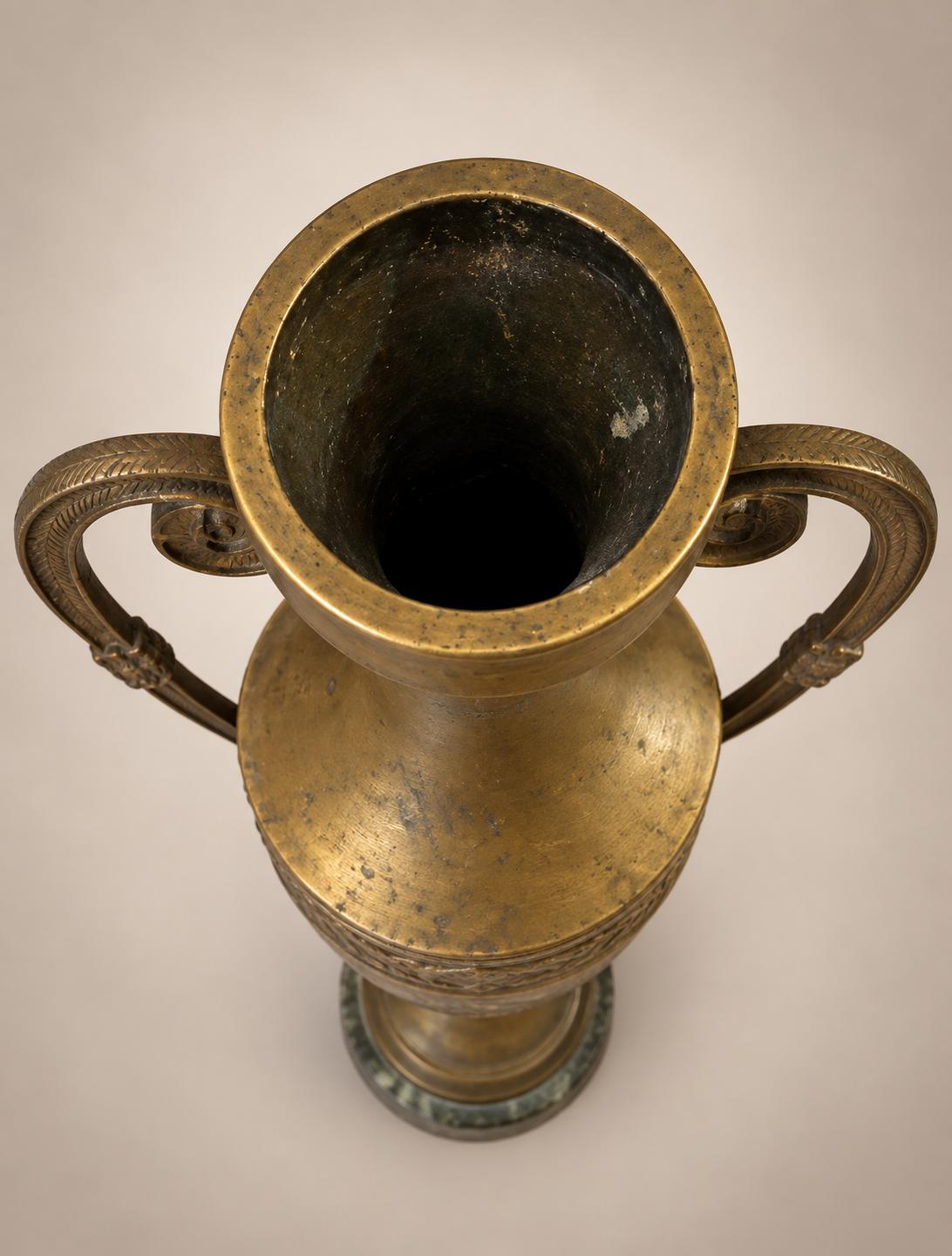 Antique French Bronze Amphora Vase, Chased Frieze and Scroll Handles on Marble Base — France, 19th Century