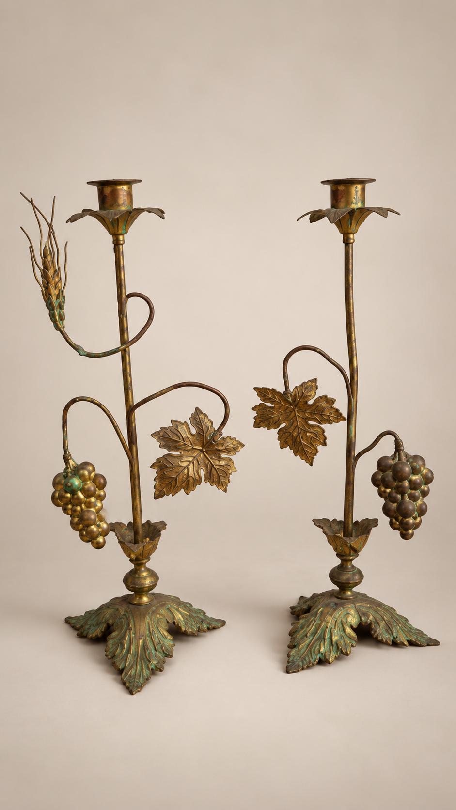 Pair of Antique French Brass Candlesticks, Vine Leaf and Wheat Ear — France, 20th Century