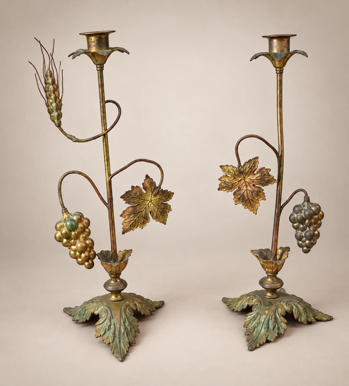 Pair of Antique French Brass Candlesticks, Vine Leaf and Wheat Ear — France, 20th Century