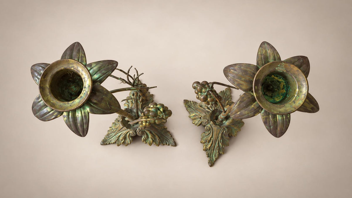 Pair of Antique French Brass Candlesticks, Vine Leaf and Wheat Ear — France, 20th Century
