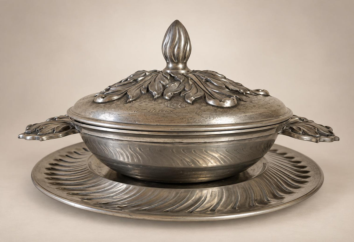 French Art Nouveau Fine Pewter Covered Tureen and Plateau Signed J. Sitoleux