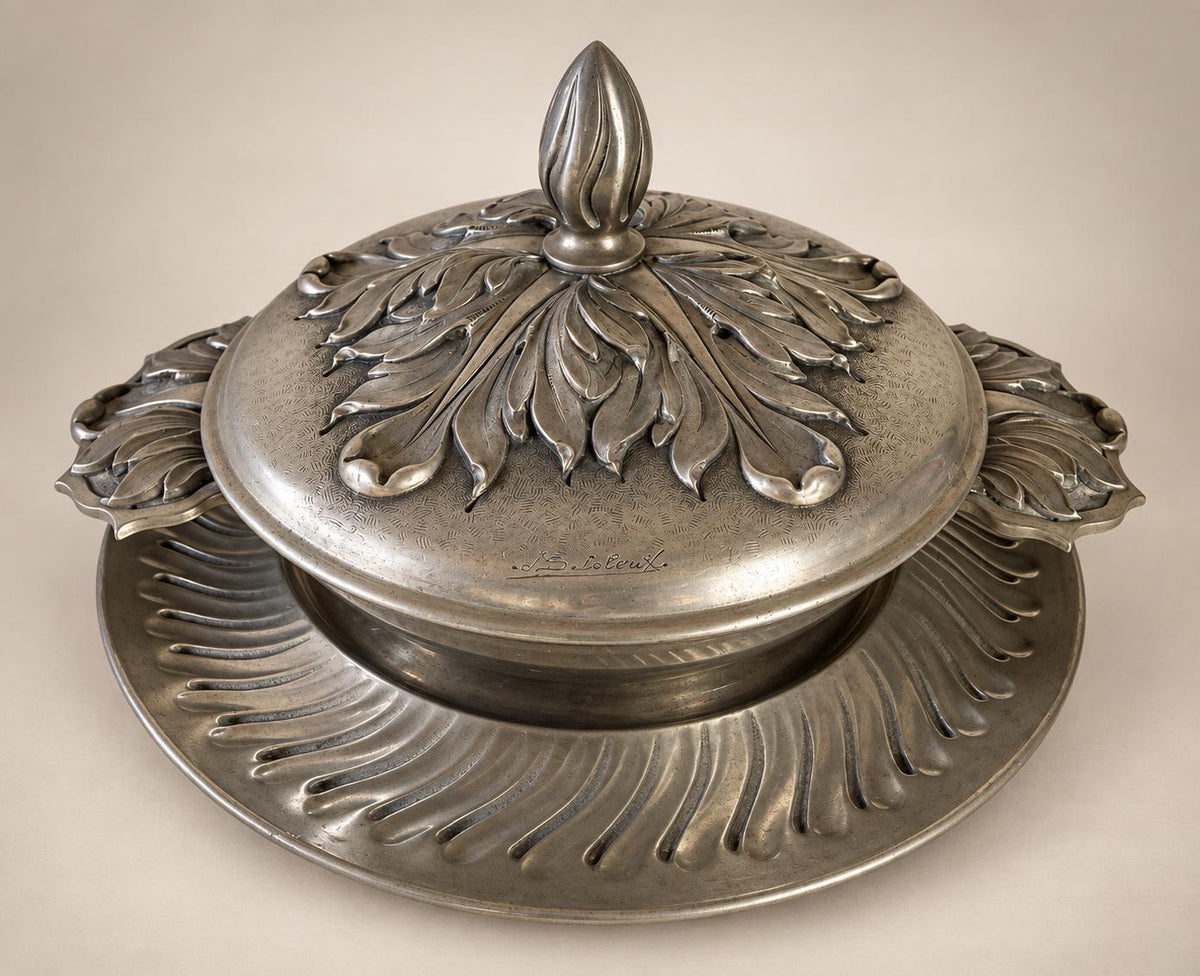 French Art Nouveau Fine Pewter Covered Tureen and Plateau Signed J. Sitoleux