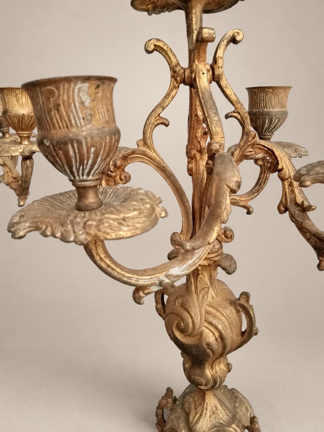 Pair of French Napoléon III Rocaille Style Patinated Gilt Metal Five-Light Candelabra