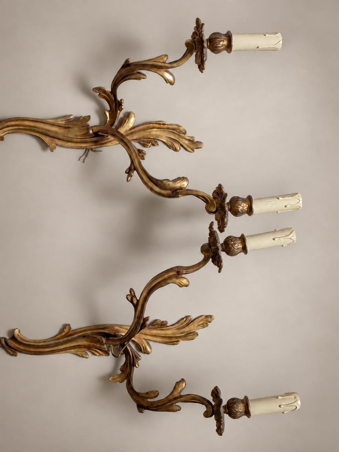 Large Pair of French Rococo Style Patinated Brass Two-Light Wall Sconces
