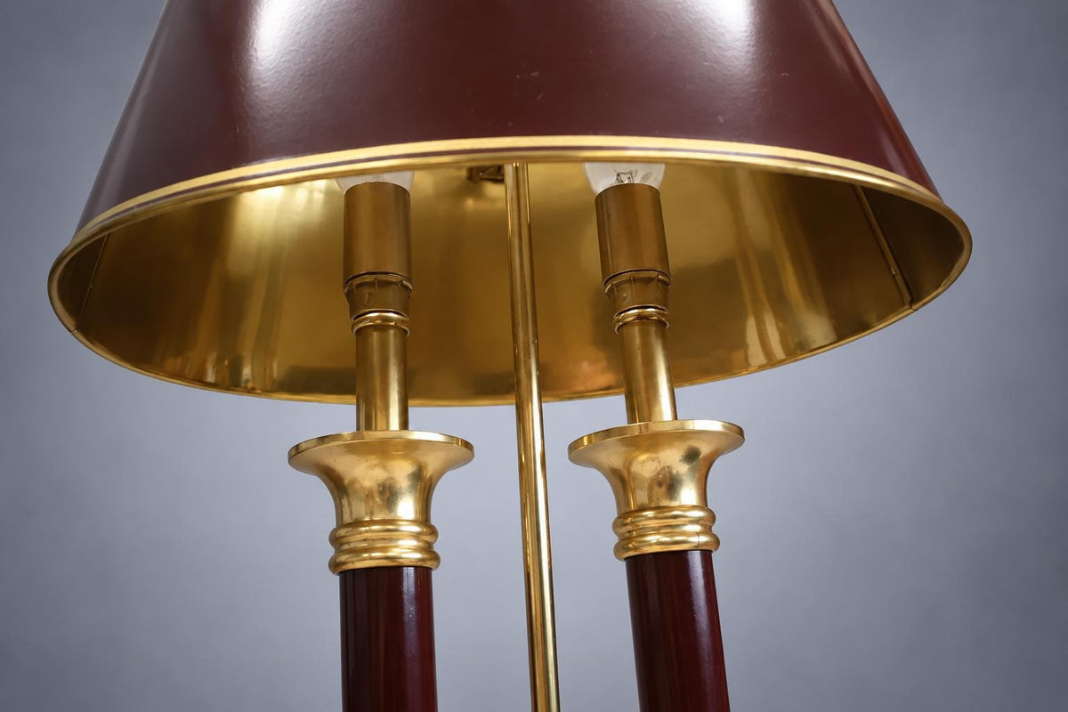 Vintage Empire Style Bouillotte Lamp, Burgundy Tole Shade and Brass, Two Lights, 57 cm