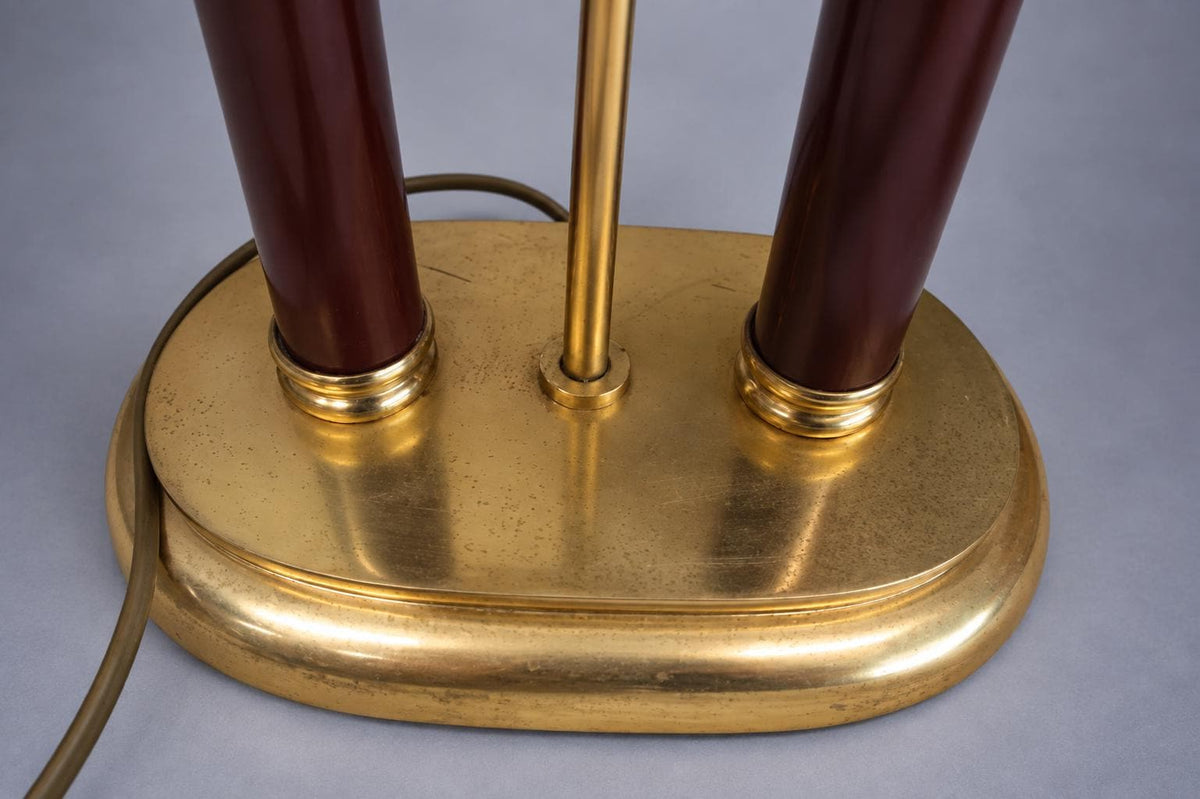 Vintage Empire Style Bouillotte Lamp, Burgundy Tole Shade and Brass, Two Lights, 57 cm