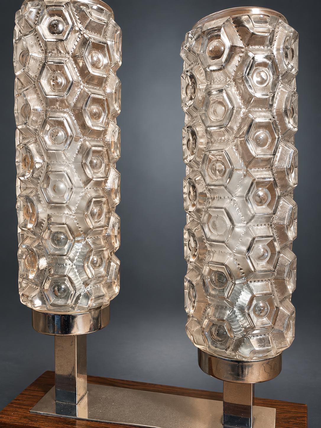 Space Age Double Table Lamp, Twin Textured Glass Cylinders, Chrome-Finish Stems, Wood Base, Mid-Century Modern Twin Light