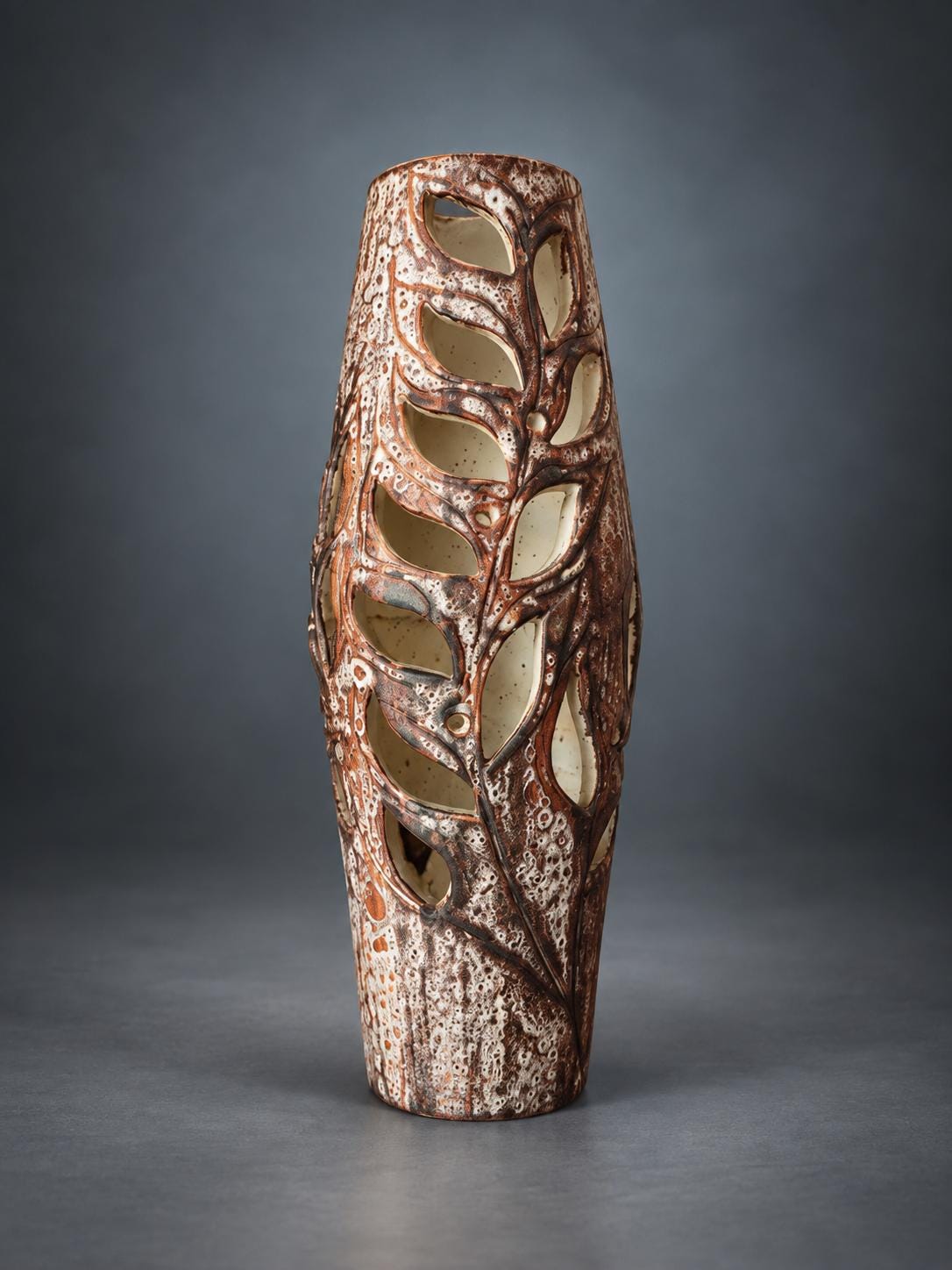 Openwork Ceramic Lamp Base, Hand-Cut Leaf Design, Textured Glaze, Mid-Century Style