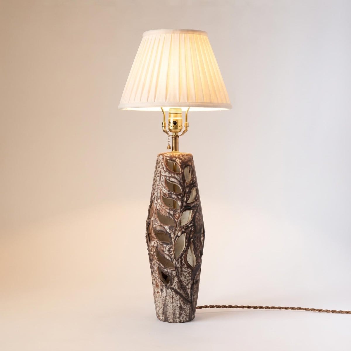 Openwork Ceramic Lamp Base, Hand-Cut Leaf Design, Textured Glaze, Mid-Century Style