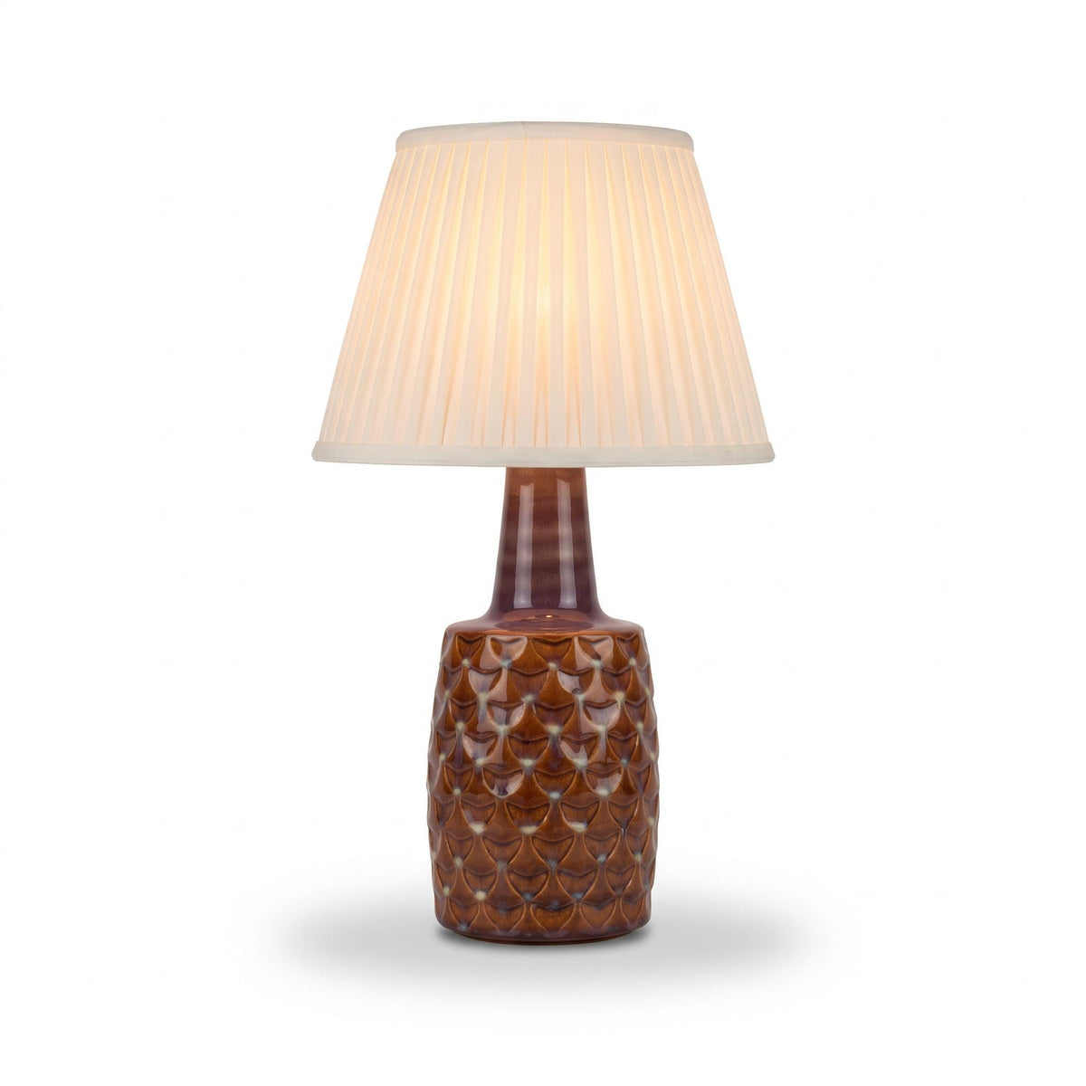 Scandinavian Style Ceramic Table Lamp, Pineapple Scale Relief, Caramel and Aubergine Glaze, Mid-Century Modern Lamp Base