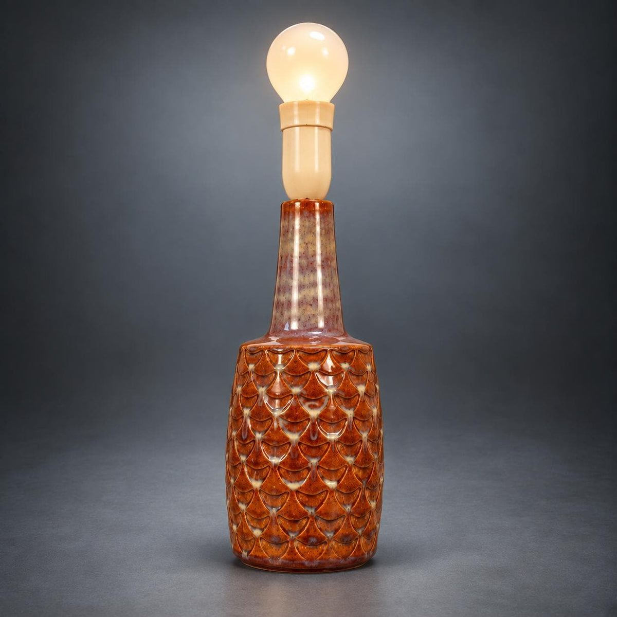 Scandinavian Style Ceramic Table Lamp, Pineapple Scale Relief, Caramel and Aubergine Glaze, Mid-Century Modern Lamp Base