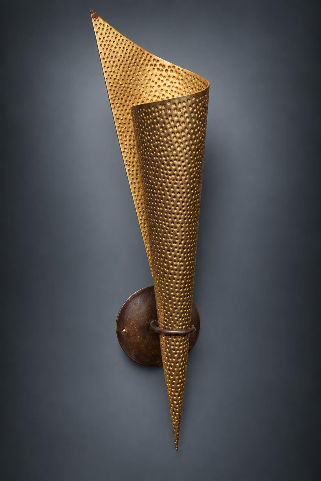 Pair of Perforated Cone Wall Sconces, Gold-Tone Pierced Metal Shades, Dark Metal Backplates, Sculptural Wall Lights