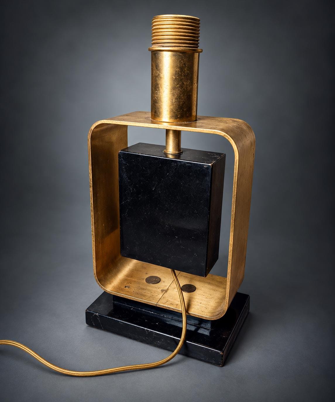 Brutalist Style Table Lamp, Abstract Relief Plaque in Gold-Tone Metal Frame, Black Base, Sculptural Modernist Lamp Base