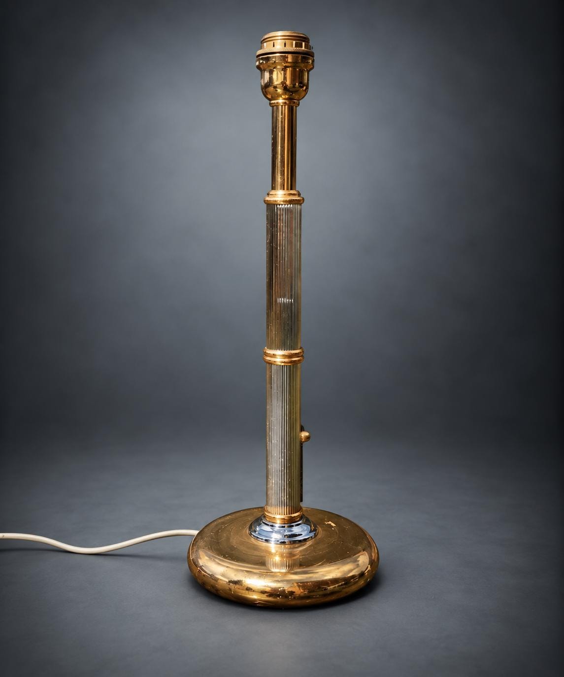 Hollywood Regency Table Lamp, Silver-Tone Ribbed Column with Gold-Tone Rings and Base, Two-Tone Metal Lamp Base