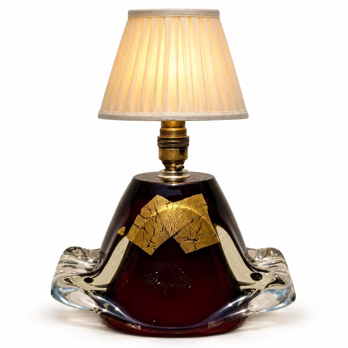 Heavy Cased Glass Table Lamp, Deep Plum Core with Crackled Gold-Tone Foil, Clear Folded Wings, Sculptural Lamp Base