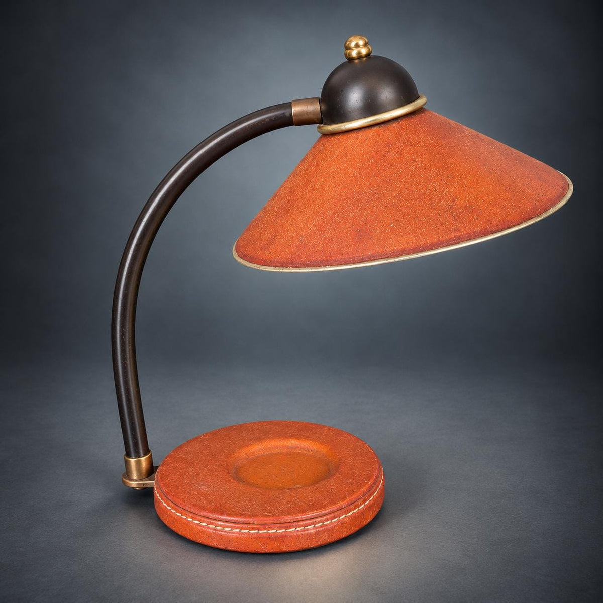 Desk Lamp with Stitched Tan Base and Textured Cone Shade, Dark Metal Curved Arm, Gold-Tone Accents, Classic Study Lamp