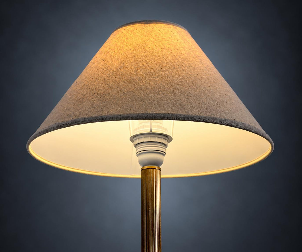Fluted Column Table Lamp, Gold-Tone Metal with Scroll Feet, Stitched Dark Square Base, Neoclassical Library Lamp