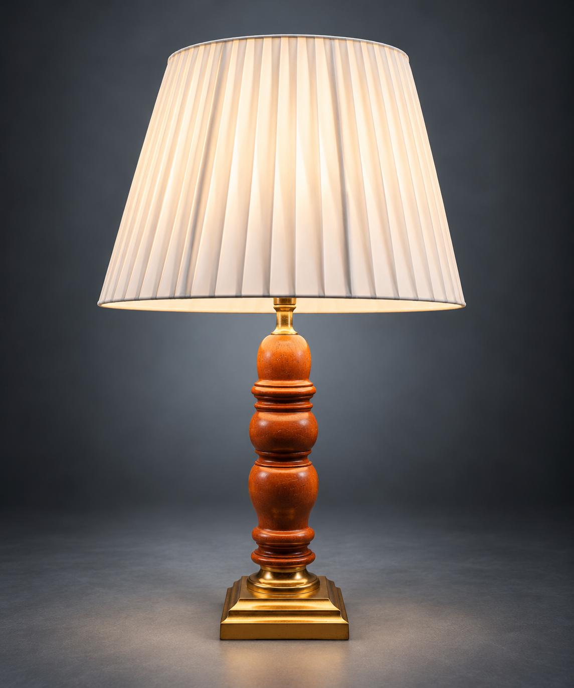 Pair of Turned Wood Table Lamps, Warm Wood Baluster Stems, Gold-Tone Stepped Square Bases, Classic Bedside Lamp Set