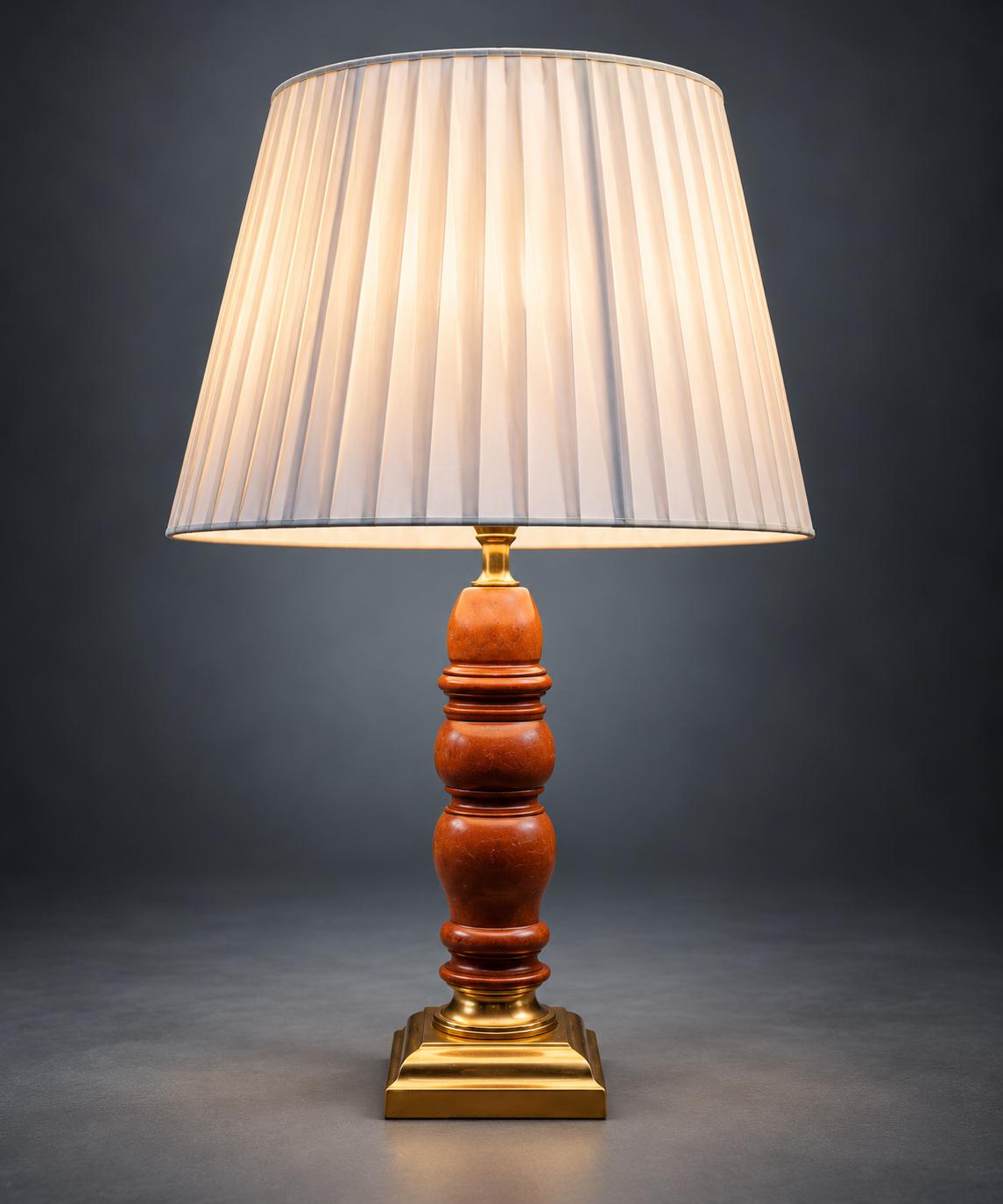 Pair of Turned Wood Table Lamps, Warm Wood Baluster Stems, Gold-Tone Stepped Square Bases, Classic Bedside Lamp Set