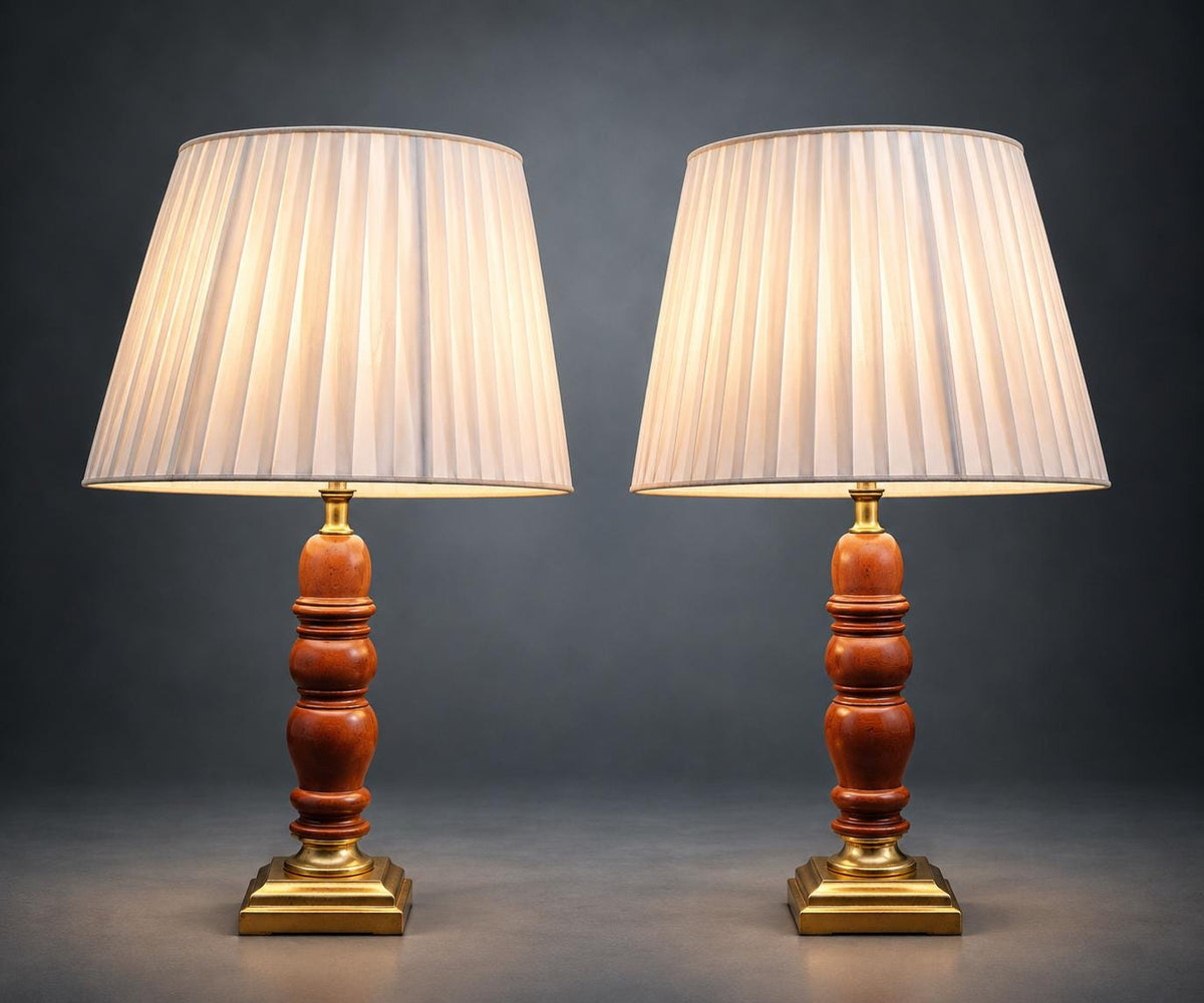Pair of Turned Wood Table Lamps, Warm Wood Baluster Stems, Gold-Tone Stepped Square Bases, Classic Bedside Lamp Set