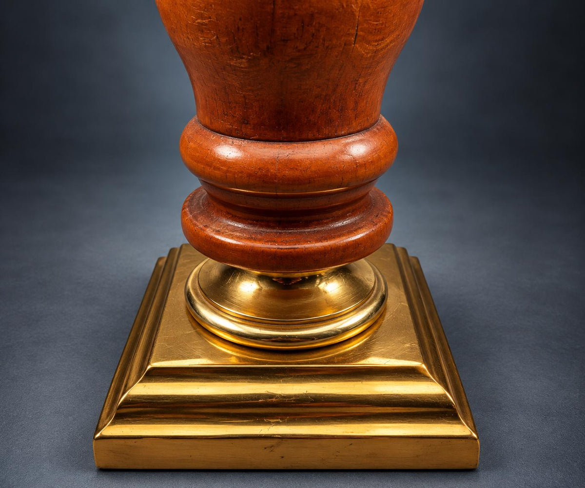 Pair of Turned Wood Table Lamps, Warm Wood Baluster Stems, Gold-Tone Stepped Square Bases, Classic Bedside Lamp Set