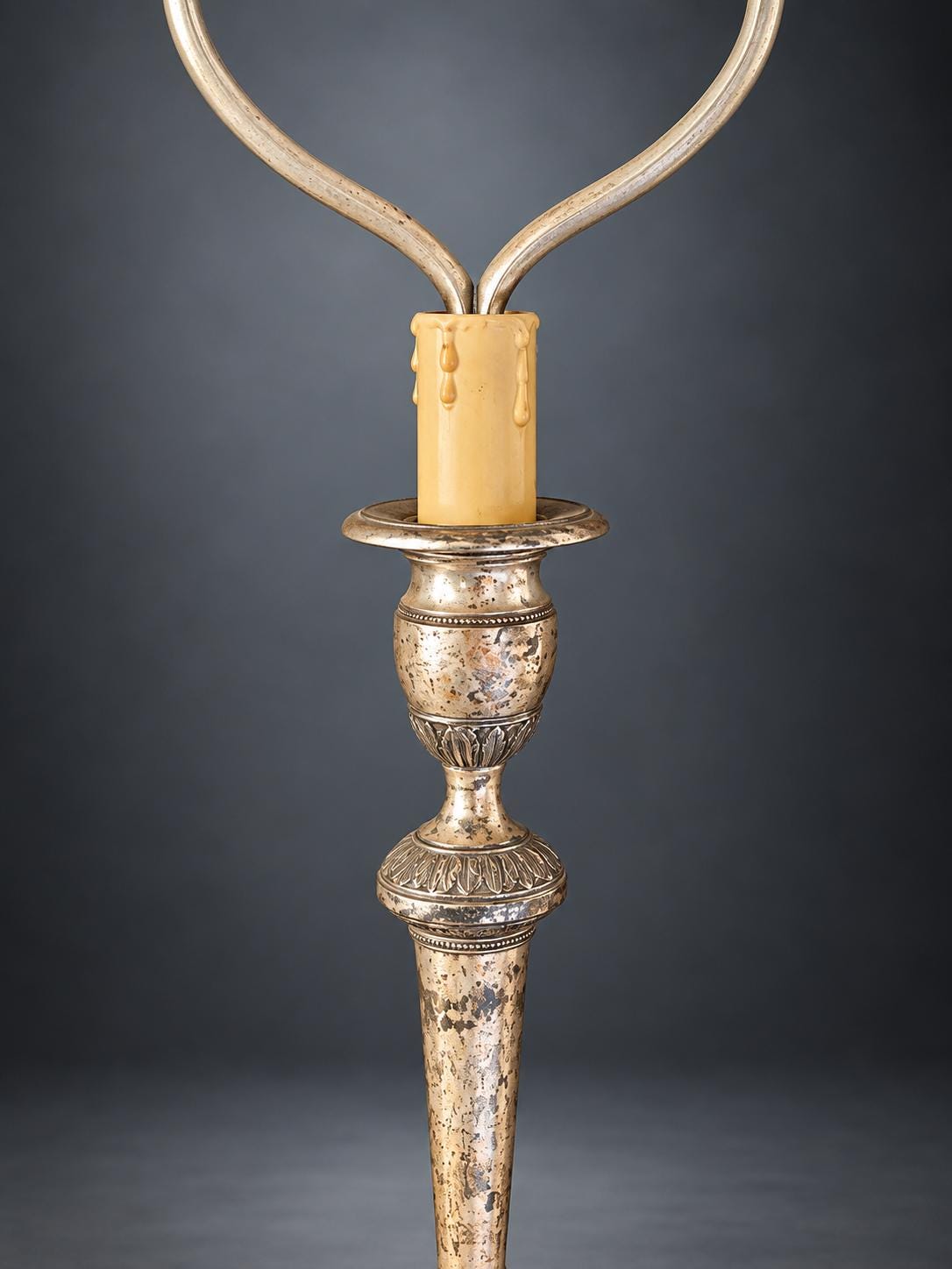 Pair of Candlestick Table Lamps, Silver-Tone Metal with Neoclassical Leaf Decoration, Candle Sleeves and Shade Harps