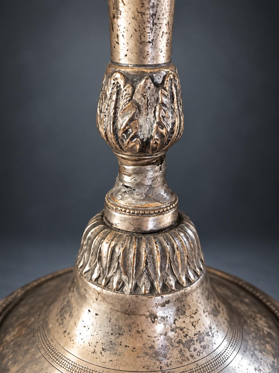 Pair of Candlestick Table Lamps, Silver-Tone Metal with Neoclassical Leaf Decoration, Candle Sleeves and Shade Harps