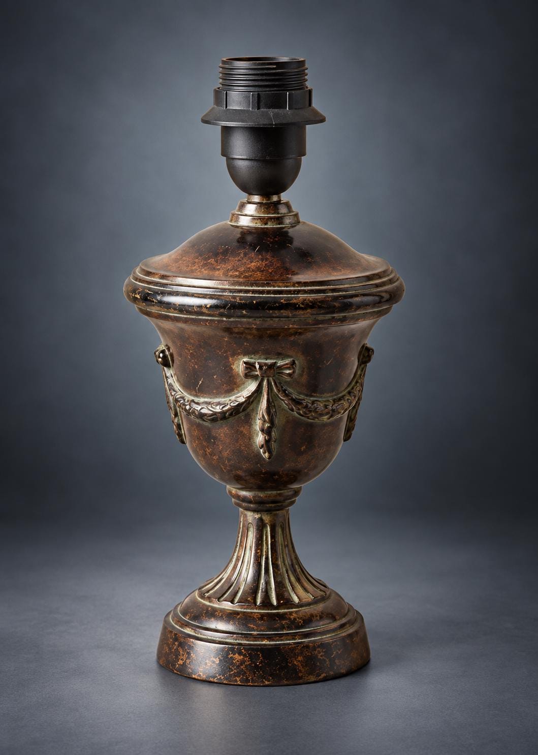 Pair of Urn-Shaped Table Lamps, Dark Patinated Finish, Garland Swags, Fluted Feet (Neoclassical Style)