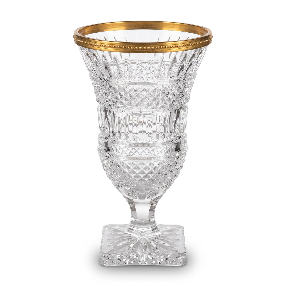 Bohemian Cut Crystal Vase with Gilt Rim, Diamond-Cut Urn Form on Square Sawtooth Base, Original Labels
