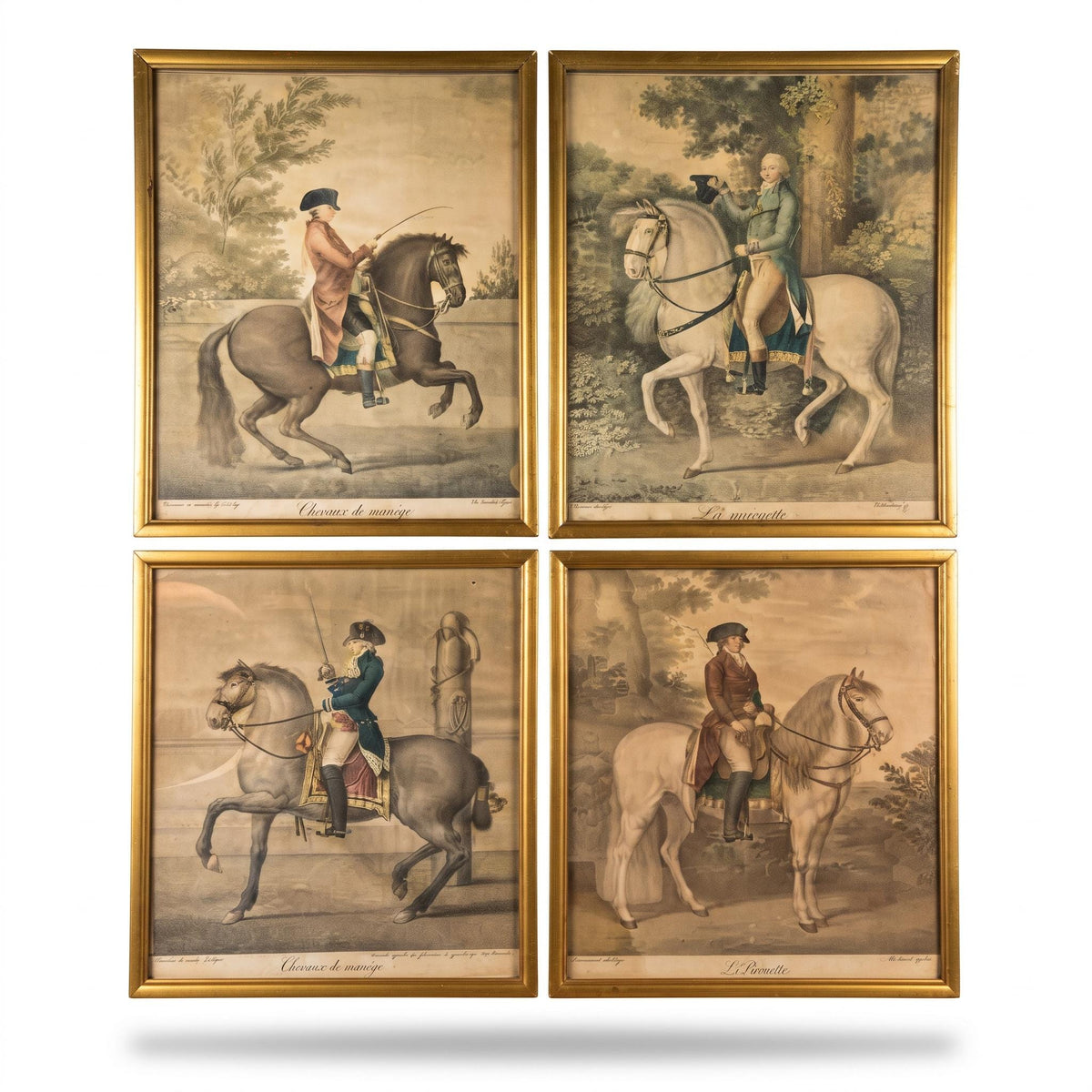 Set of Four Framed Equestrian Prints, Riders in Riding School Poses, Spanish Titles, Gold-Tone Frames Under Glass