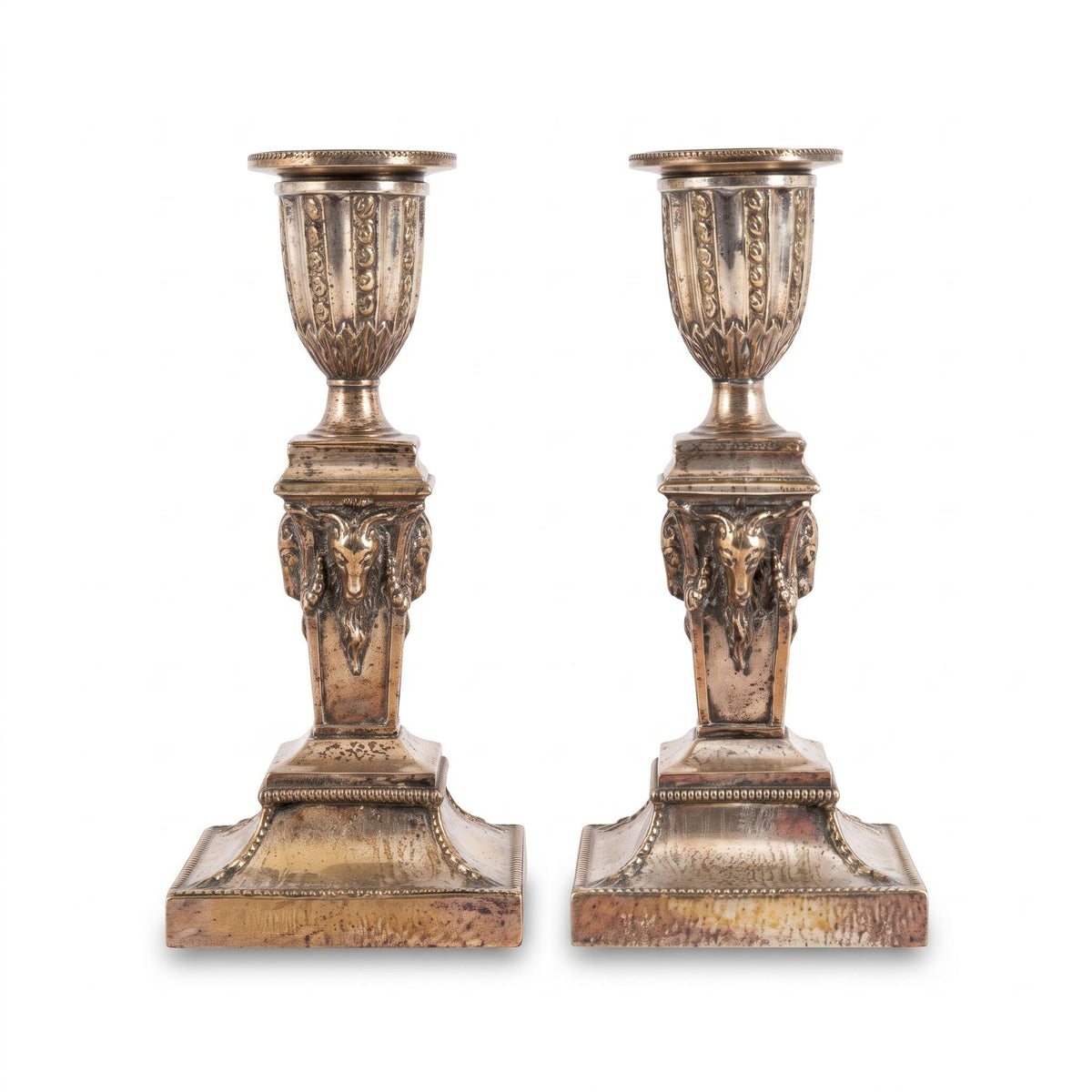 Pair of Neoclassical Candlesticks, Silver-Tone Metal with Ram's Heads and Garlands, Fluted Urn Sconces, Warm Worn Finish