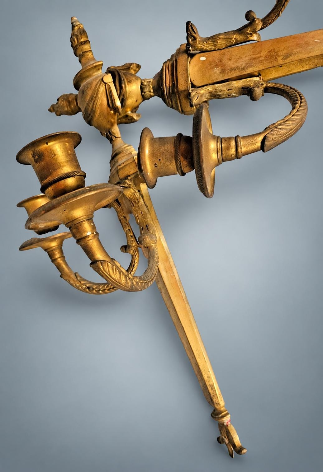 Pair of Antique French Gilt Bronze Candle Wall Sconces, Empire Flambeau Two-Arm — France, Early 19th Century