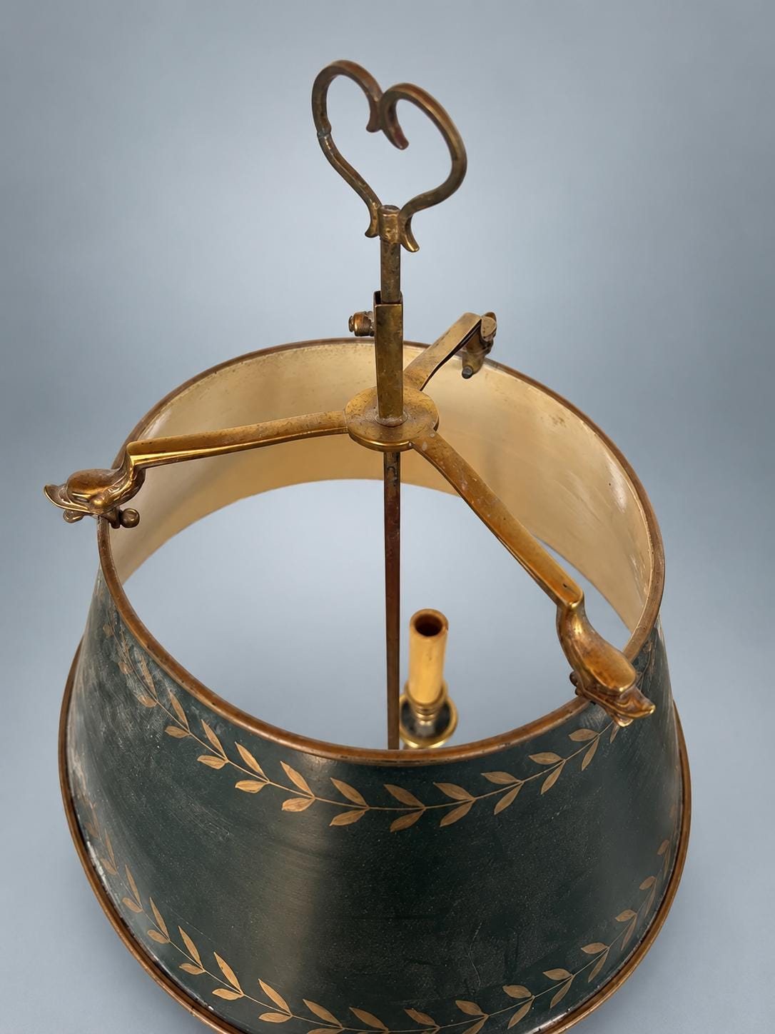 Antique French Three-Arm Bouillotte Lamp, Green Tole Shade with Gilt Laurel — France, Early 20th Century