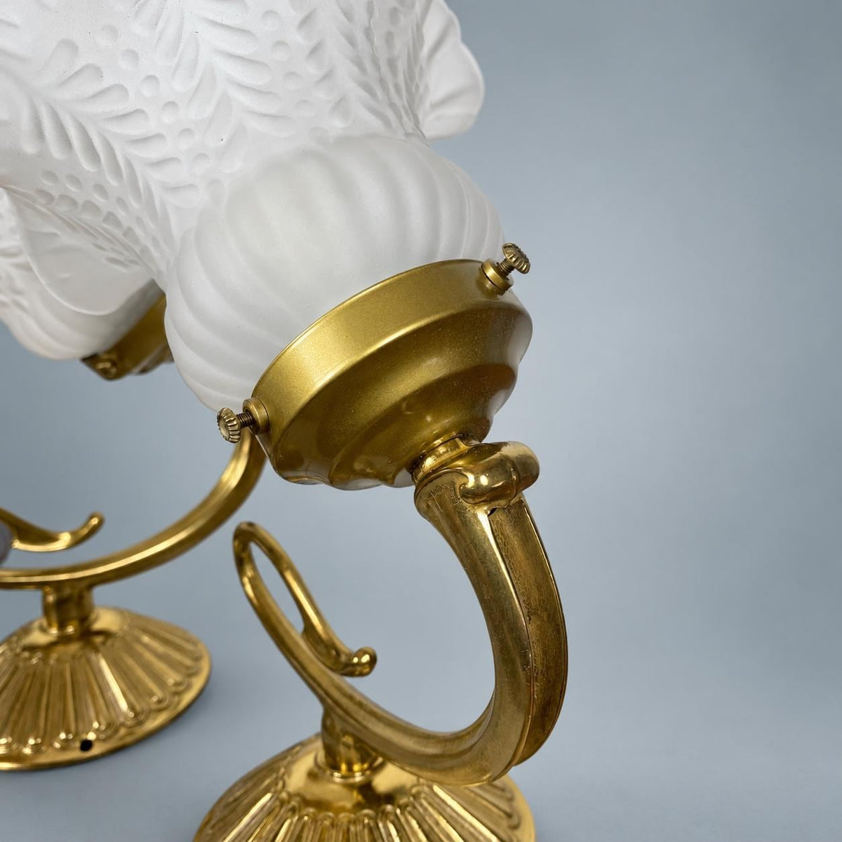 Pair of French Brass Swan Neck Wall Sconces, Frosted Glass Tulip Shades — France, Early 20th Century