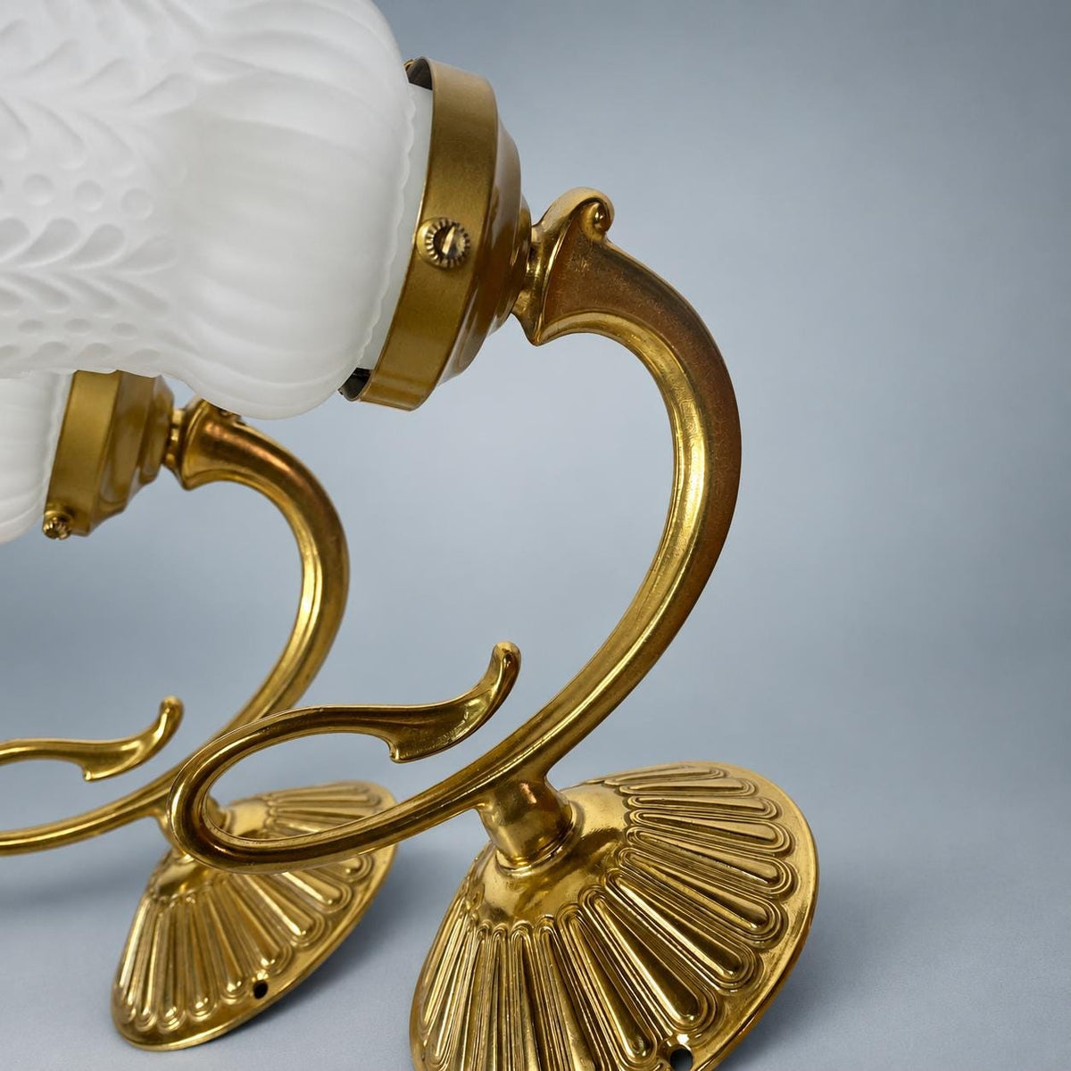 Pair of French Brass Swan Neck Wall Sconces, Frosted Glass Tulip Shades — France, Early 20th Century