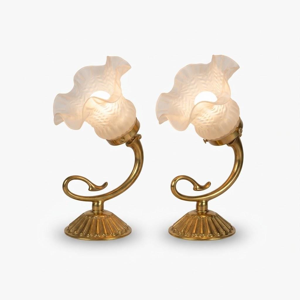 Pair of French Brass Swan Neck Wall Sconces, Frosted Glass Tulip Shades — France, Early 20th Century